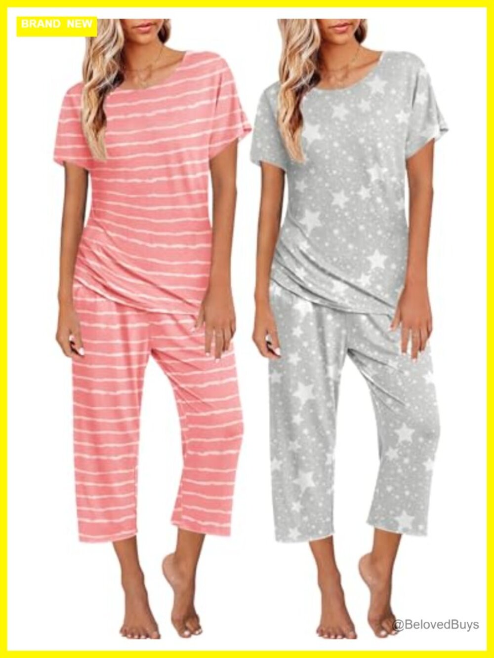 2 Pack Womens Pajama Sets Short Sleeve Tops Capri Pants Sleepwear Lounge PJs